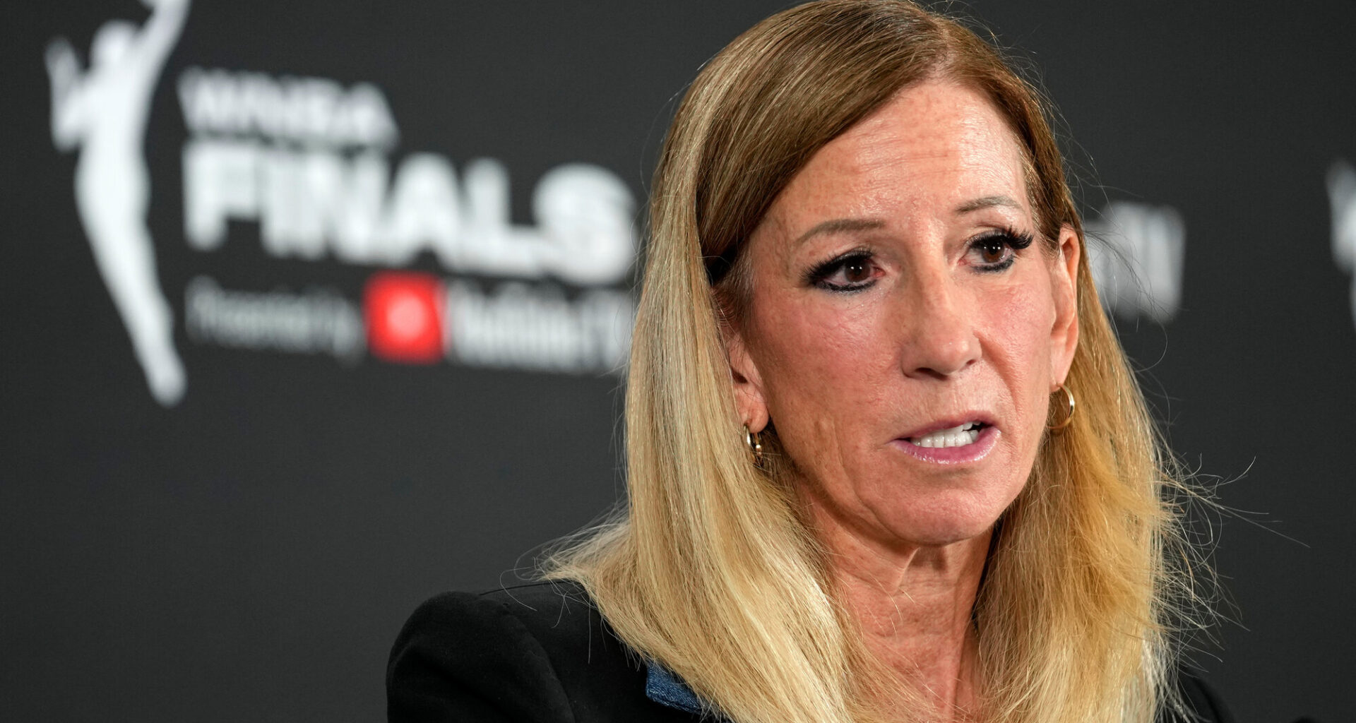 AP FILE PHOTO  WNBA commissioner Cathy Engelbert speaks prior to Game 1 of a WNBA basketball final playoff series between the Las Vegas Aces and the Phoenix Mercury on Oct. 3, 2025, in Las Vegas.