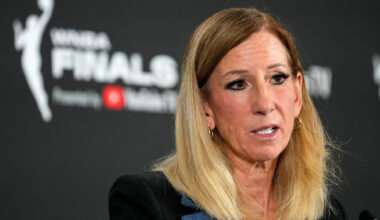 AP FILE PHOTO  WNBA commissioner Cathy Engelbert speaks prior to Game 1 of a WNBA basketball final playoff series between the Las Vegas Aces and the Phoenix Mercury on Oct. 3, 2025, in Las Vegas.