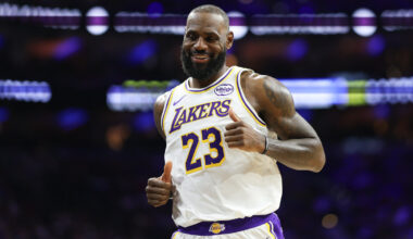 Los Angeles Lakers forward Lebron James (23) reacts after a play against the Philadelphia 76ers during the second quarter at Xfinity Mobile Arena.
