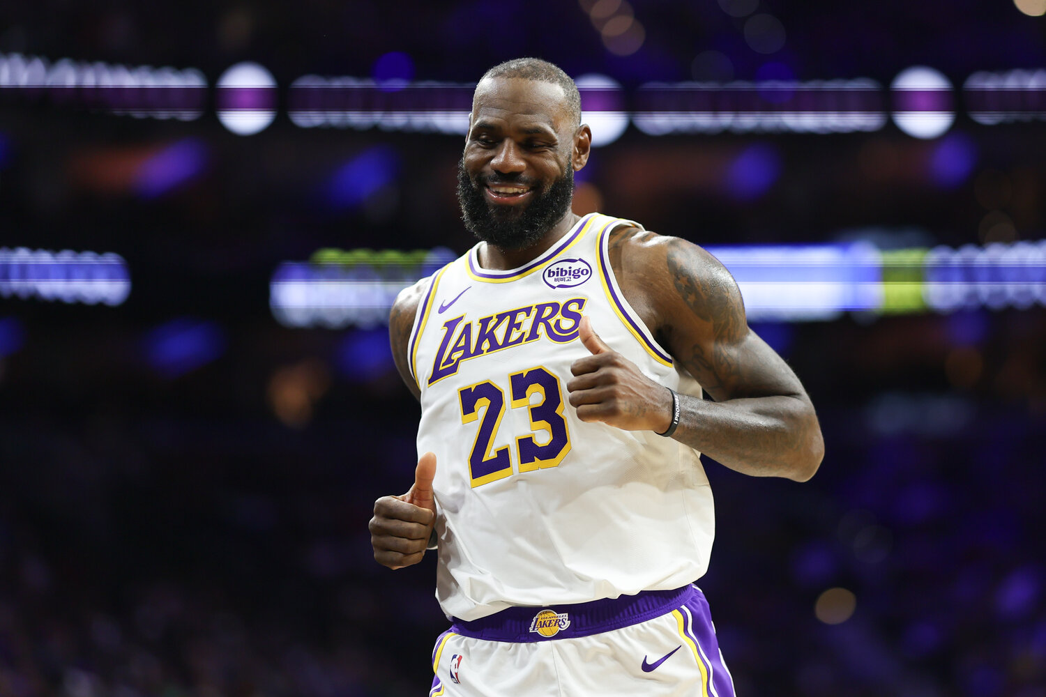 Los Angeles Lakers forward Lebron James (23) reacts after a play against the Philadelphia 76ers during the second quarter at Xfinity Mobile Arena.