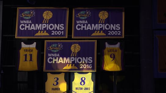Jul 28, 2026; Los Angeles, California, USA; The retired Los Angeles Sparks jersey of DeLisha Milton-Jones (8) is revealed during halftime between the Sparks and the New York Liberty at Crypto.com Arena. Jul 28, 2026; Los Angeles, California, USA; The retired Los Angeles Sparks jersey of DeLisha Milton-Jones (8) is revealed during halftime between the Sparks and the New York Liberty at Crypto.com Arena.