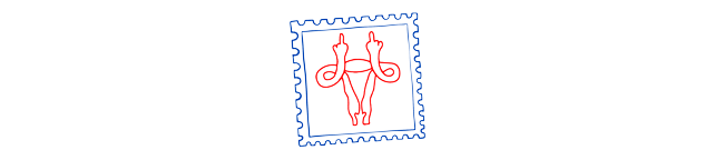 An illustration of fallopian tubes in which the ovaries are turned up and giving the middle finger. The illustration is within the shape of a letter stamp.