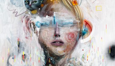 a portrait of a figure with eyes blurred and a cat wearing a party hat plus graphic elements and flowers