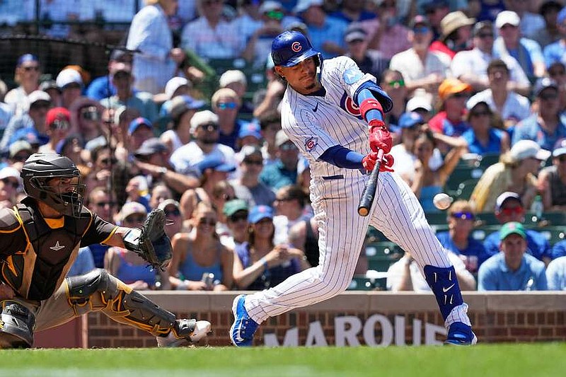 Chicago Cubs' Miguel Amaya hits a two-run single during the third inning of a baseball game against the San Diego Padres in Chicago, Wednesday, July 1, 2026. (AP Photo/Nam Y. Huh)