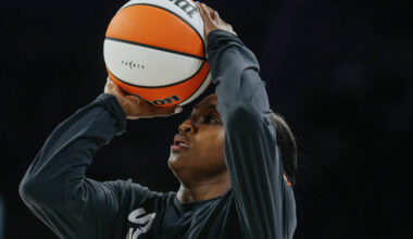 Aces guard Jackie Young (0) warms up before the game on Tuesday, June 23, 2026, at Michelob Ult ...