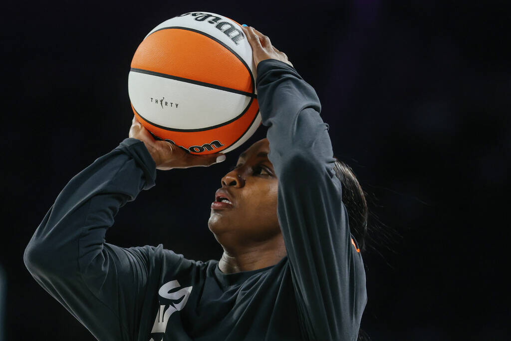 Aces guard Jackie Young (0) warms up before the game on Tuesday, June 23, 2026, at Michelob Ult ...