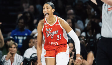 Aces center A'ja Wilson (22) celebrates a successful shot during a WNBA basketball game against ...
