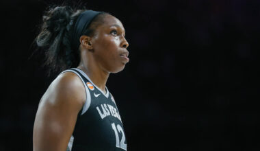 Aces guard Chelsea Gray (12) looks into the crowd between plays during the second half of the g ...