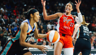 Aces center A'ja Wilson (22) reacts to a missed call by a referee during a WNBA basketball ...