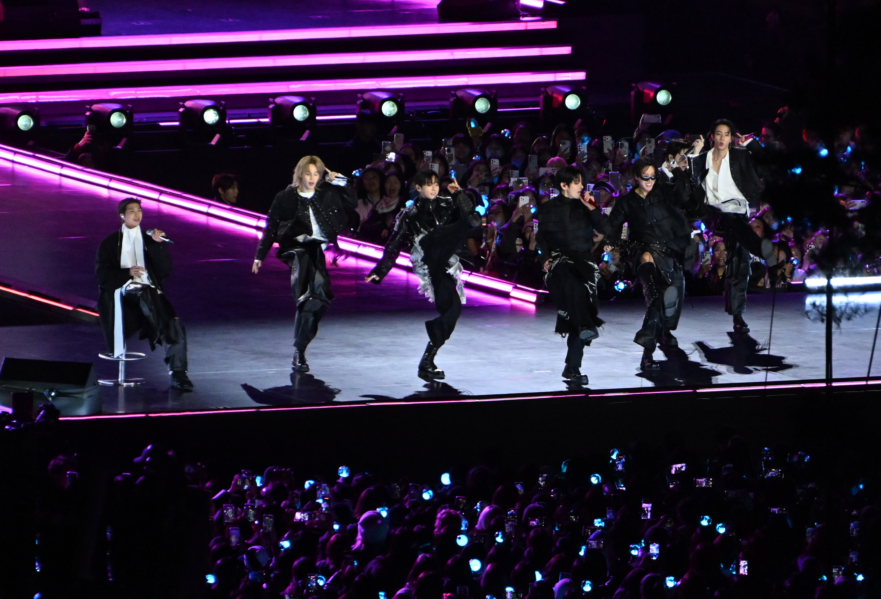 SEOUL, SOUTH KOREA - MARCH 21: (EDITORIAL USE ONLY) K-pop boy band BTS perform onstage during comeback concert at Gwanghwamun Square on March 21, 2026 in Seoul, South Korea. The free concert is the band's first performance in nearly four years. (Photo by Kim Min-Hee - Pool/Getty Images)
