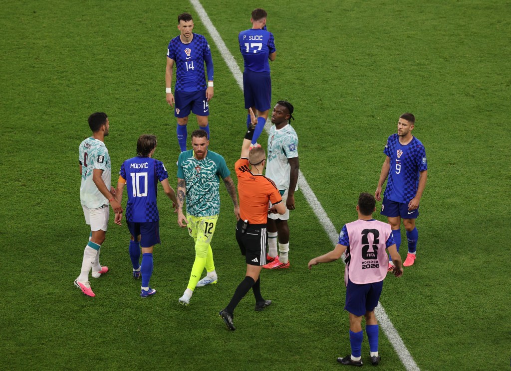 Players react as referee Espen Eskas announces his decision following a VAR review on a Croatia goal attempt during the FIFA World Cup 2026 Round of 32 match between Portugal and Croatia at Toronto Stadium on July 2, 2026 in Toronto, Ontario
