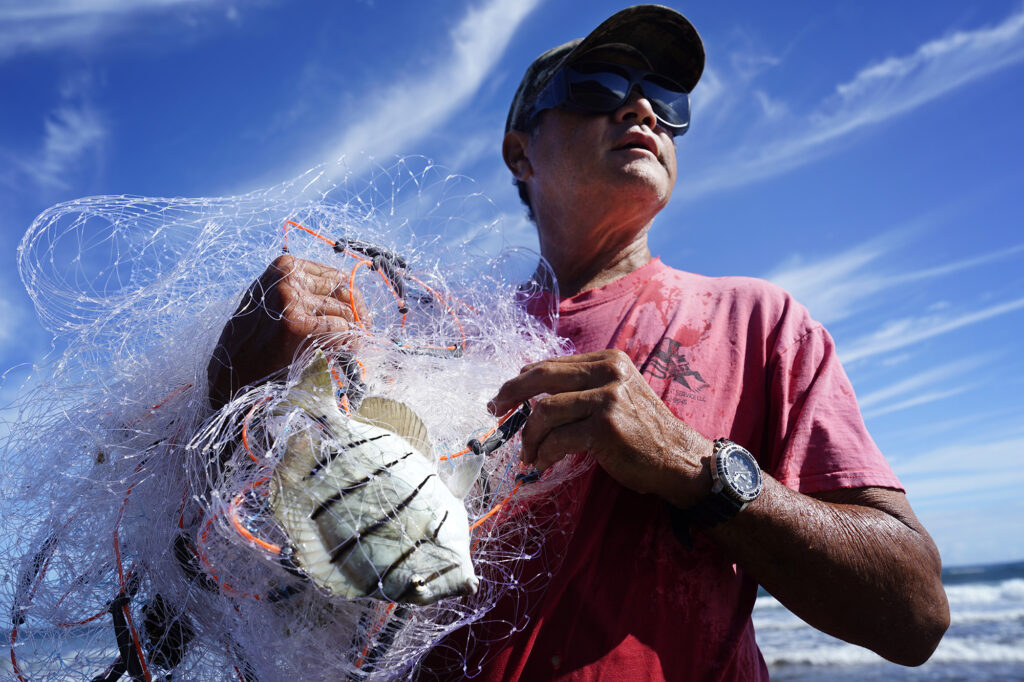 Keli‘i Alapa‘i yells to his son after catching a few manini, also called convict tangs, in Hāʻena community fishing waters Sunday, June 28, 2026, in Hāʻena.