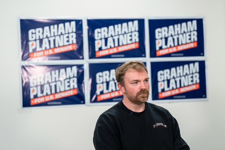 Graham Platner sits in front of a wall with six Graham Platner campaign posters assorted