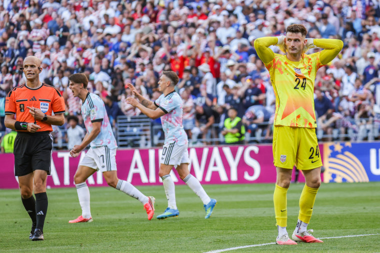 Matt Freese, #24 of the United States frustrated about a goal during the USA v Belgium match.