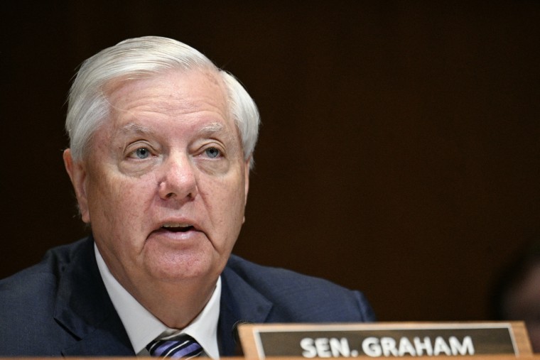 U.S. Sen. Lindsey Graham, R-S.C., questions Defense Secretary Pete Hegseth and Chairman of the Joint Chiefs of Staff General Dan Caine during a committee hearing on Capitol Hill in Washington, D.C., on May 12, 2026.