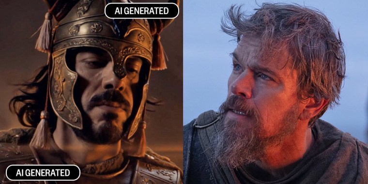 Odysseus in the AI-generated film "Odysseus: The Fall" and Matt Damon in "The Odyssey."