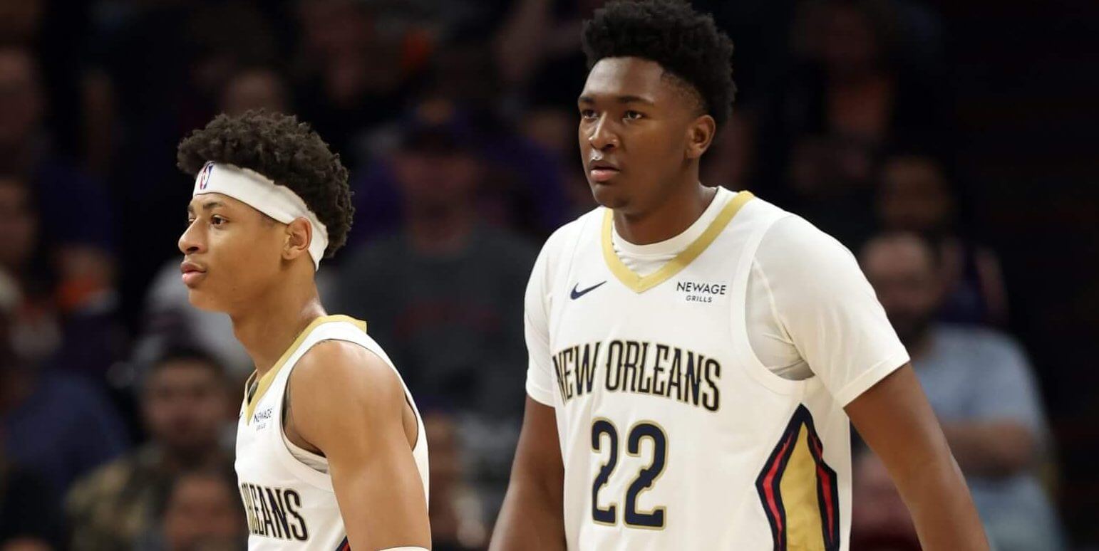 New Orleans Pelicans guard Jeremiah Fears and center Derik Queen