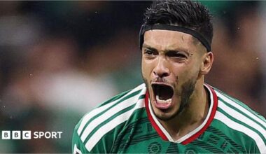 Raul Jimenez celebrates his goal against Ecuador