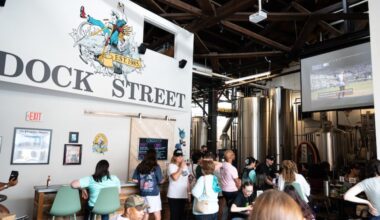 Fans watch a tennis match at Dock Street Brewery South during a watch party co-hosted by Hoopbus and The Stoop Pigeon on Saturday.