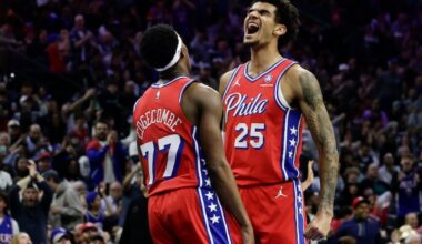 Dominick Barlow (right) averaged 7.7 points, 4.8 rebounds, and 1.2 assists and thriving as a cutter and high-energy player in 71 games with 59 starts.