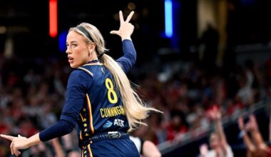 INDIANAPOLIS, INDIANA - JULY 18: Sophie Cunningham #8 of the Indiana Fever reacts against the New York Liberty during the first half at Gainbridge Fieldhouse on July 18, 2026 in Indianapolis, Indiana. NOTE TO USER: User expressly acknowledges and agrees that, by downloading and or using this photograph, User is consenting to the terms and conditions of the Getty Images License Agreement. (Photo by Bobby Goddin/Getty Images)