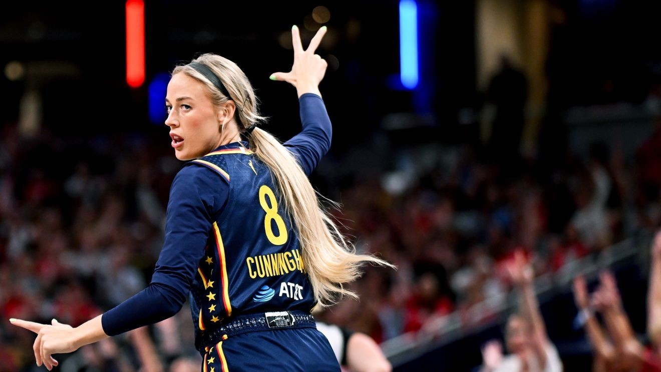 INDIANAPOLIS, INDIANA - JULY 18: Sophie Cunningham #8 of the Indiana Fever reacts against the New York Liberty during the first half at Gainbridge Fieldhouse on July 18, 2026 in Indianapolis, Indiana. NOTE TO USER: User expressly acknowledges and agrees that, by downloading and or using this photograph, User is consenting to the terms and conditions of the Getty Images License Agreement. (Photo by Bobby Goddin/Getty Images)