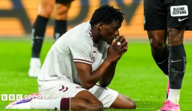 Pierre Landry Kabore looks exasperated after missing a chance v Sturm Graz