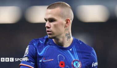 Mykhailo Mudryk looking to his right while playing in a Chelsea kit