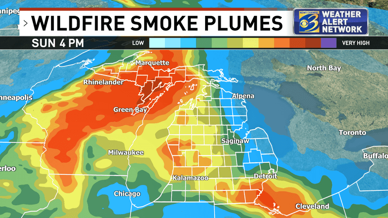A look at projected wildfire smoke plumes for 4 p.m. Sunday, July 19, 2026. Smoke is expected to linger throughout the day Sunday, and could stick around into Monday as well. (WWMT)