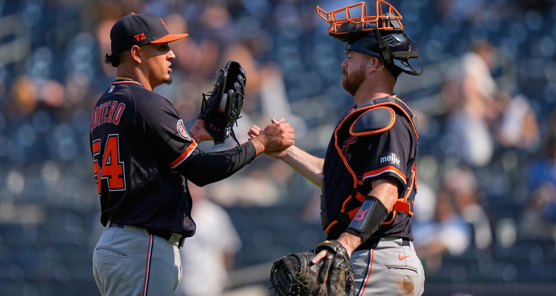 Detroit Tigers pitcher Keider Montero, left, celebrates with catcher Jake Rogers after a baseball game against the New York Yankees Wednesday, July 1, 2026, in New York. (AP Photo/Frank Franklin II)