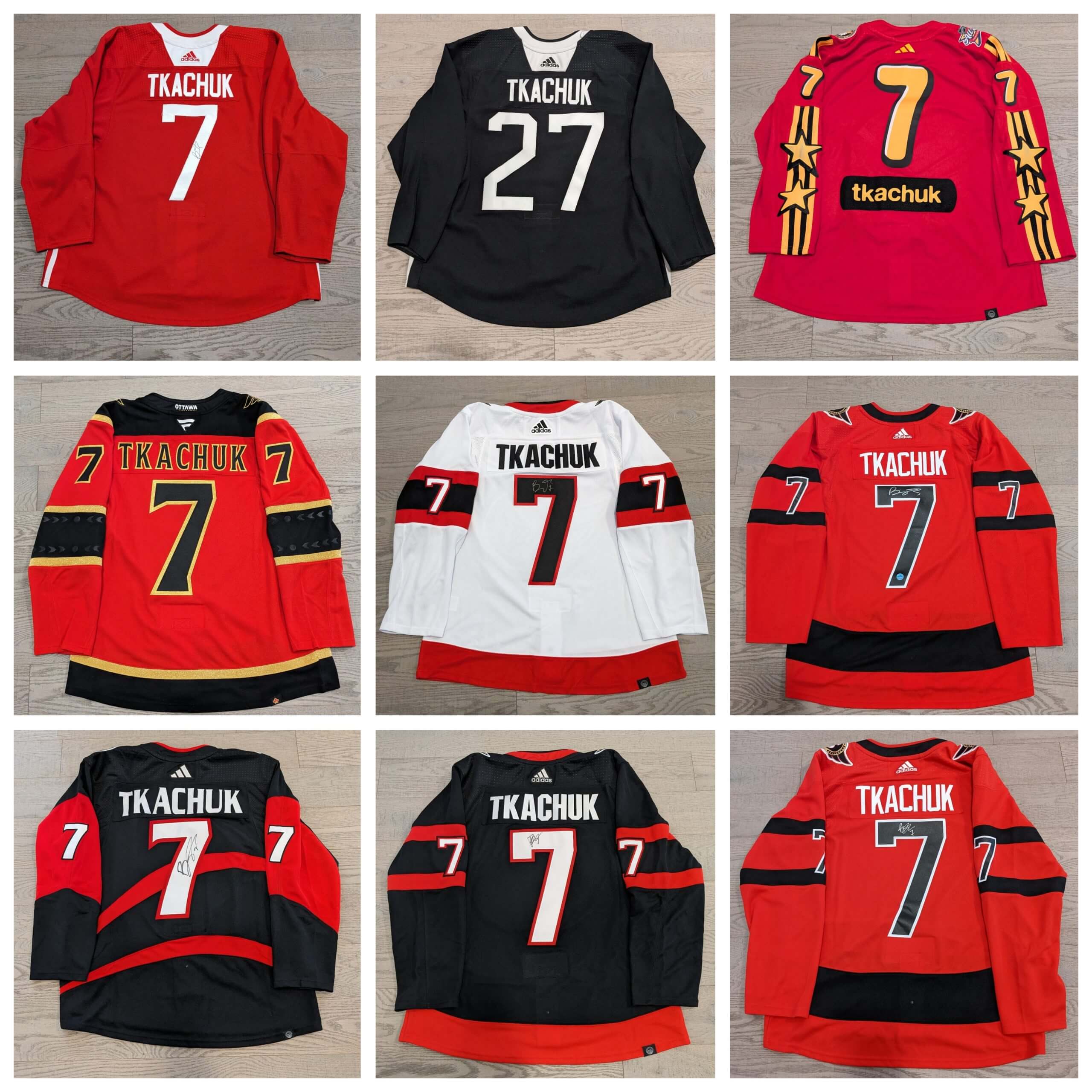 A nine-square grid, each occupied by a different Brady Tkachuk jersey from his time with the Ottawa Senators, courtesy of memorabilia collector Kevin Lee.