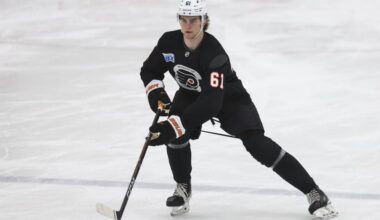 Defenseman Maksim Sokolovskii skates during Flyers Development Camp at the Flyers Training Center.
