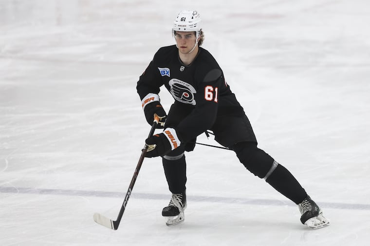 Defenseman Maksim Sokolovskii skates during Flyers Development Camp at the Flyers Training Center.