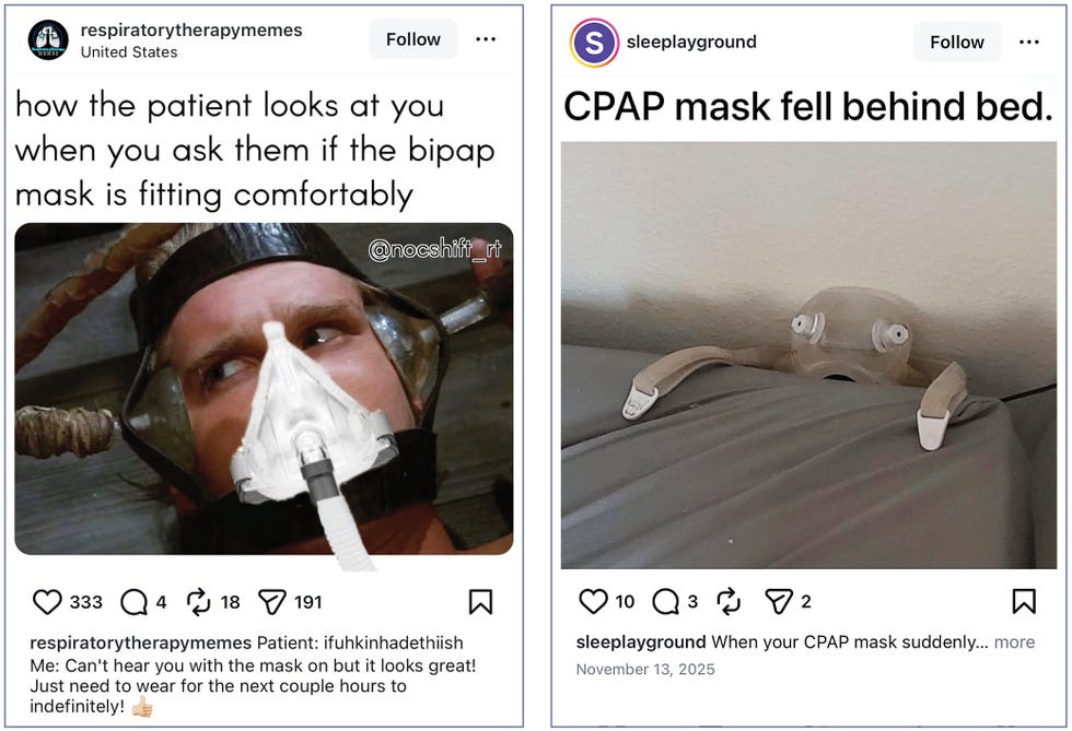 Patient wearing a bipap mask looking skeptically, alongside a CPAP mask that has fallen behind a bed.
