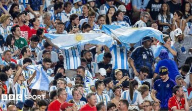 Argentina fans cheer their team during the FIFA World Cup 2026 quarterfinal match against Switzerland