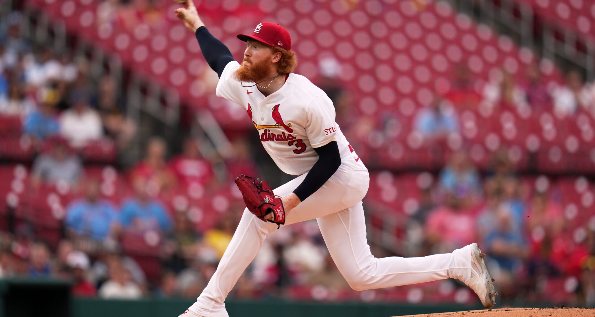 St. Louis Cardinals starting pitcher Dustin May throws during the first inning of a baseball game against the Milwaukee Brewers Monday, July 6, 2026, in St. Louis. (AP Photo/Jeff Roberson)