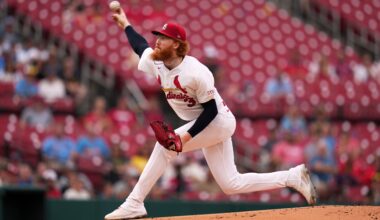 St. Louis Cardinals starting pitcher Dustin May throws during the first inning of a baseball game against the Milwaukee Brewers Monday, July 6, 2026, in St. Louis. (AP Photo/Jeff Roberson)