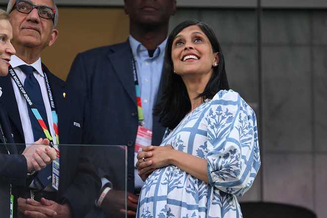 FBL-WC-2026-MATCH59-TUR-USA US Second Lady Usha Vance (R) attends the 2026 World Cup Group D football match between Turkey and USA at the Los Angeles Stadium in Inglewood on June 25, 2026. (Photo by Patrick T. FALLON / AFP via Getty Images)