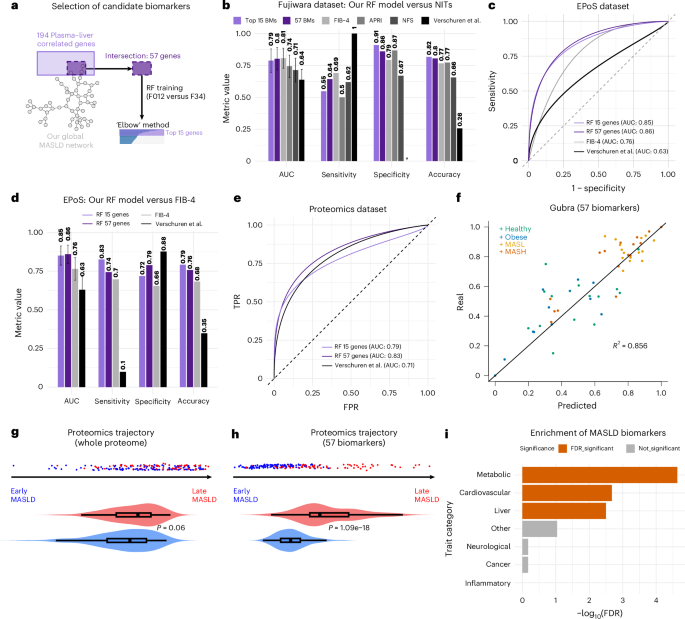 Fig. 5: Biomarker selection and performance on the external liver transcriptomics and plasma proteomics datasets.