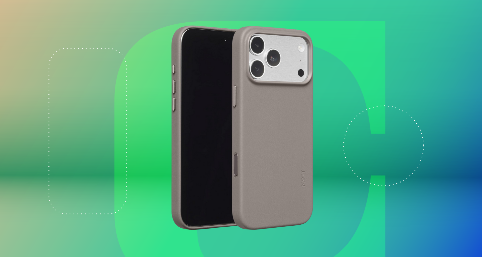 The Moft Movas snap case for iPhone 17 is displayed on a green background.