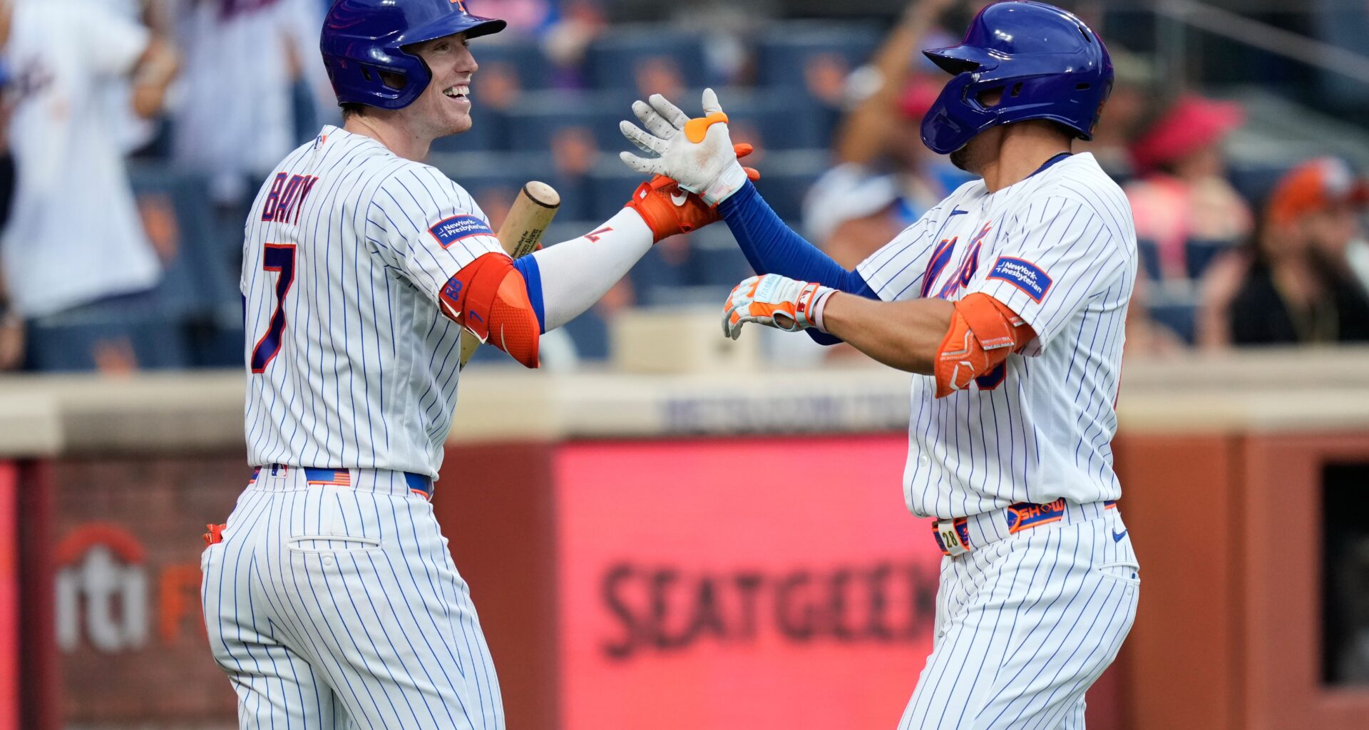 New York Mets' Tyrone Taylor, right, celebrates his solo home run with Brett Baty during the fifth inning of a baseball game against the Kansas City Royals, Thursday, July 9, 2026, in New York. (AP Photo/Seth Wenig)