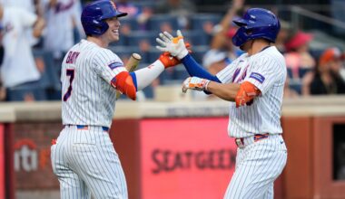 New York Mets' Tyrone Taylor, right, celebrates his solo home run with Brett Baty during the fifth inning of a baseball game against the Kansas City Royals, Thursday, July 9, 2026, in New York. (AP Photo/Seth Wenig)