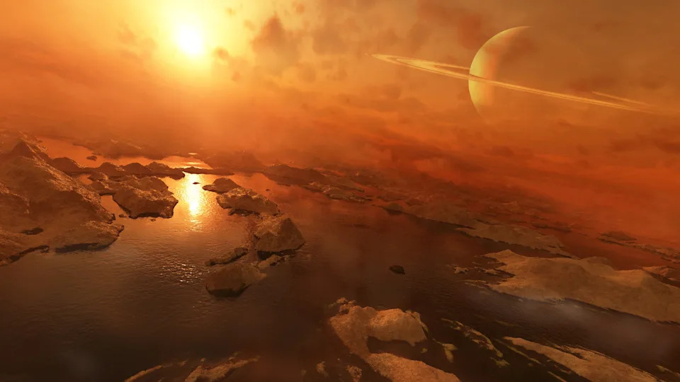 An artist's illustration of liquid water on the surface of Titan