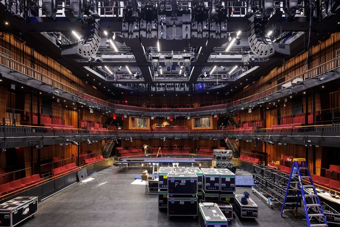 The Perelman PAC's Zuccotti theater in transition from one configuration to another.
