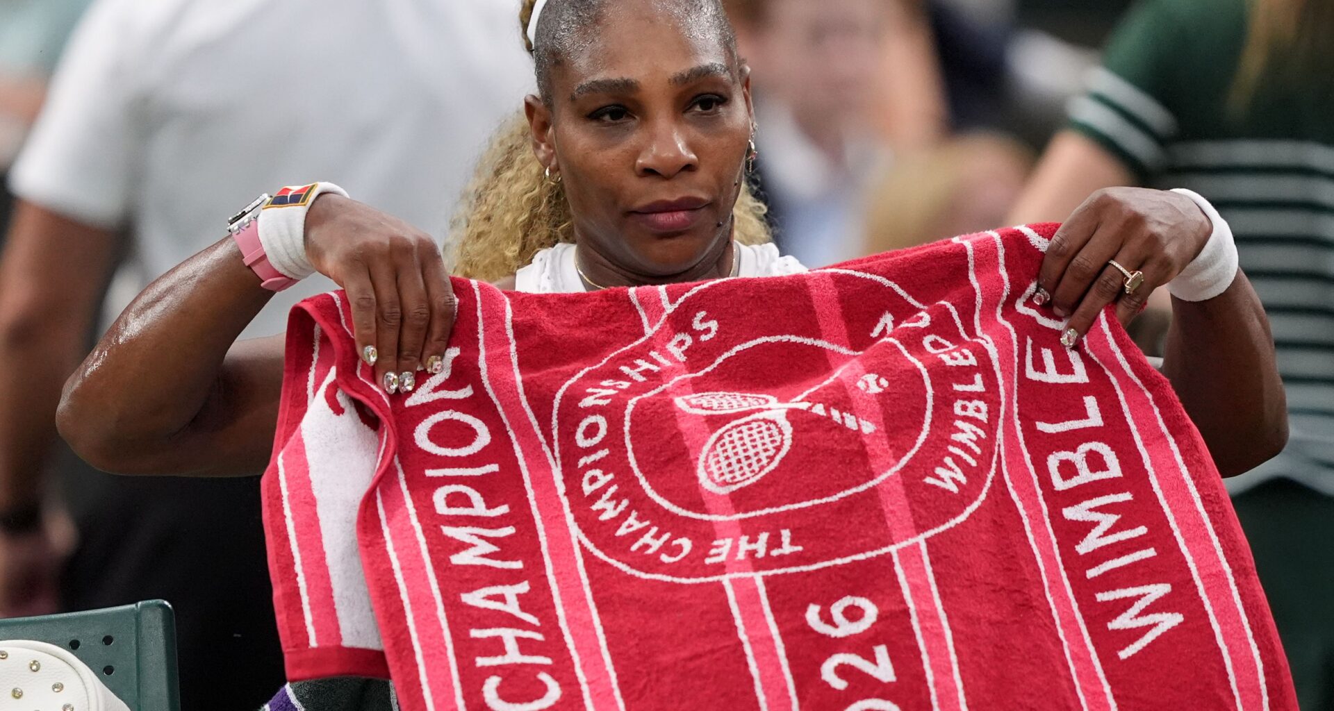 Serena Williams of the United States sits during a changeover in her first round women's singles match against Maya Joint of Australia, at the Wimbledon Tennis Championships in London, Tuesday, June 30, 2026. (AP Photo/Maja Smiejkowska)