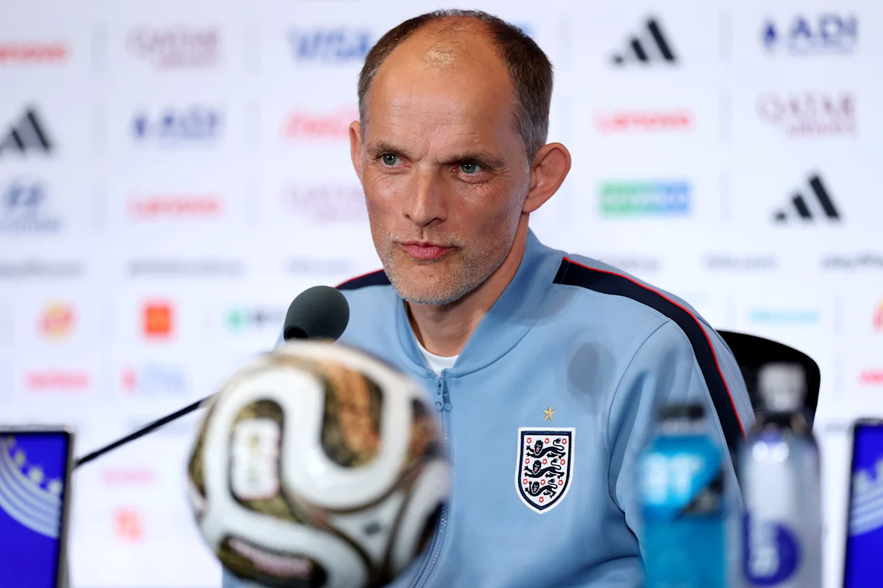 MIAMI GARDENS, FLORIDA - JULY 17: Thomas Tuchel, Manager of England, looks on during a Press Conference ahead of the Bronze Final match between France and England at Miami Stadium on July 17, 2026 in Miami Gardens, Florida. (Photo by Kevin C. Cox/Getty Images)