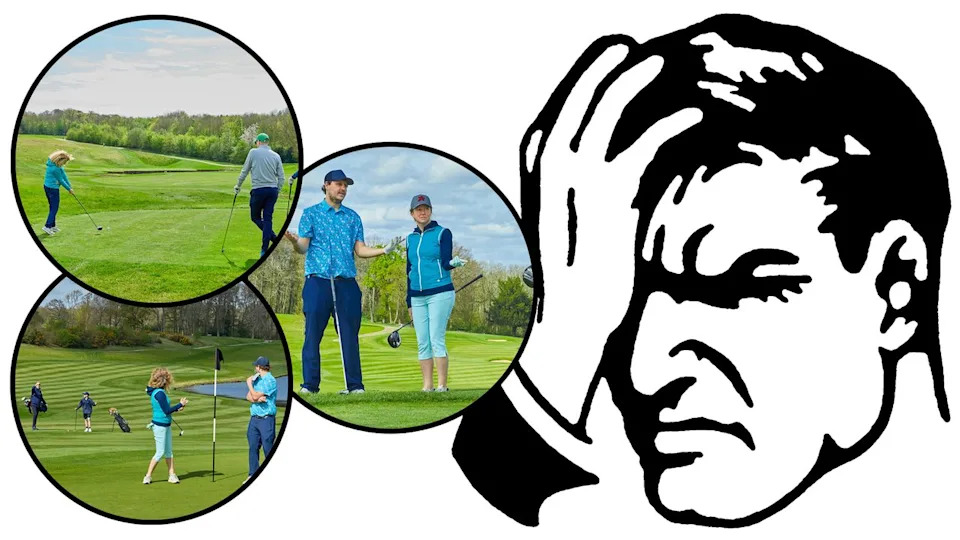  A cartoon of an angry man with his hand against his forehead and eyes shut, with 3 images of things that rile me up on the golf course including slow play, bad etiquette and early congratulations. 
