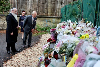 King Charles visiting the Heaton Park Hebrew Congregation synagogue in Manchester, where two members were killed in a terror attack, October. Credit: Chris Jackson/Reuters King Charles visiting the Heaton Park Hebrew Congregation synagogue in Manchester, where two members were killed in a terror attack, October.