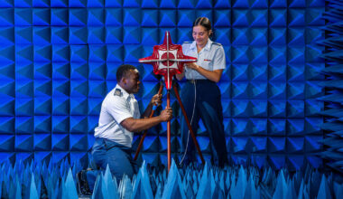 Two U.S. Air Force Academy cadets majoring in electrical and computer engineering collaborate during a lab exercise in the Department of Electrical and Computer Engineering at the U.S. Air Force Academy, Sept. 25, 2024. Under the Academy