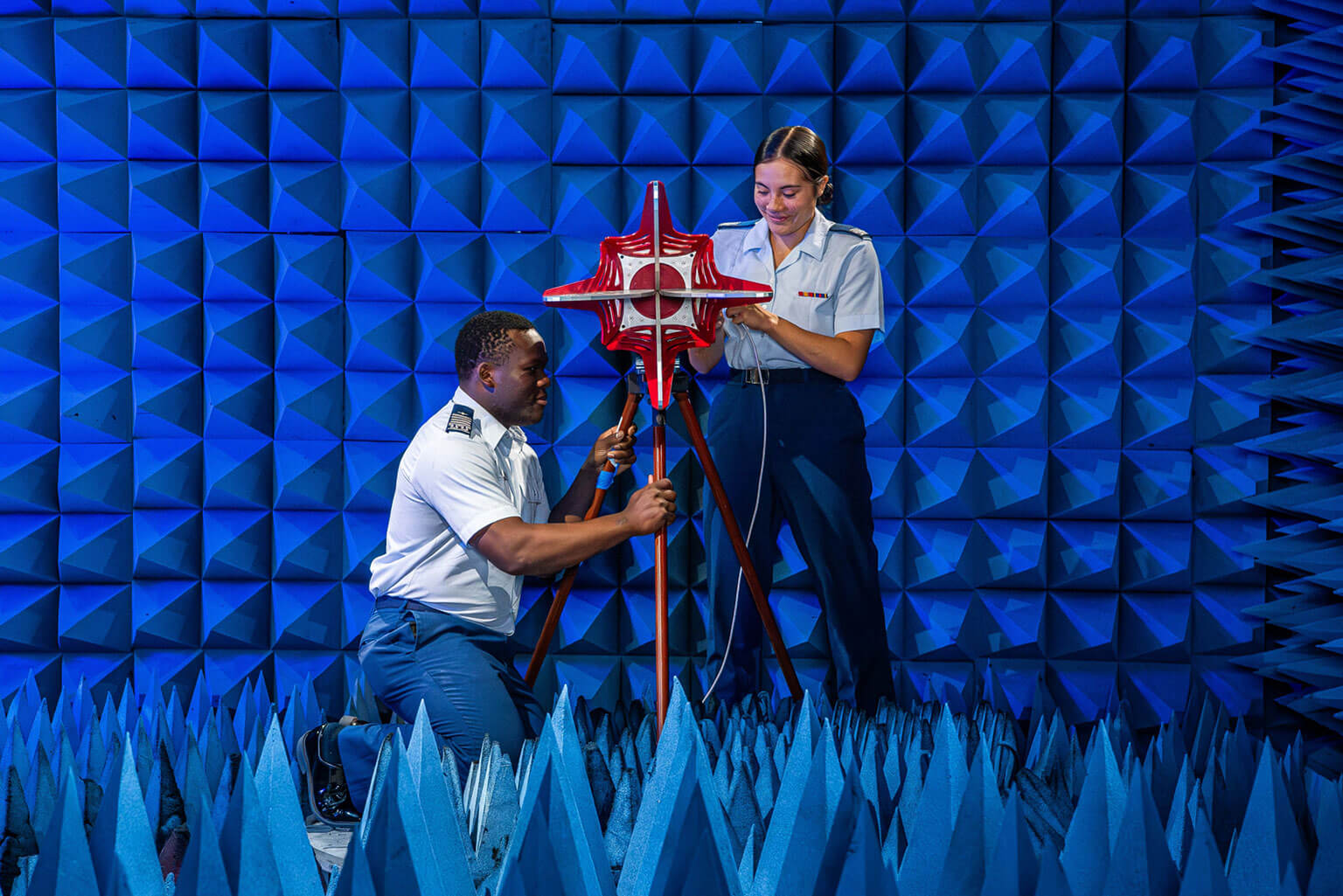 Two U.S. Air Force Academy cadets majoring in electrical and computer engineering collaborate during a lab exercise in the Department of Electrical and Computer Engineering at the U.S. Air Force Academy, Sept. 25, 2024. Under the Academy